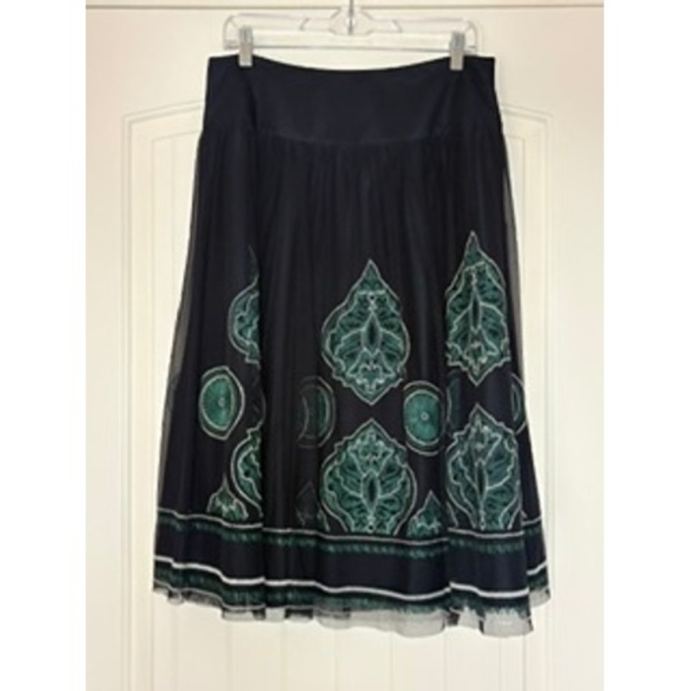 Navy Blue & Green Embroidered Tulle Midi Skirt Lined Size 10 Nygard Collection